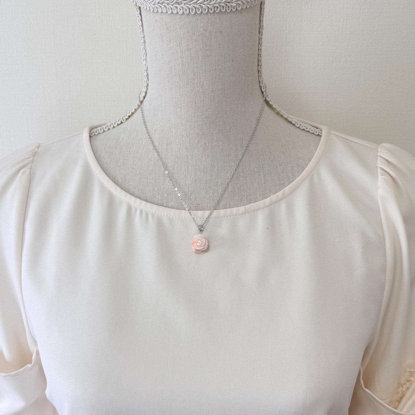 Natural Coral Rose Pendant Carved Jewelry, Deep Sea Coral, Pink White (13.6x12.3mm, Silver Bail, Genuine Coral Amulet)