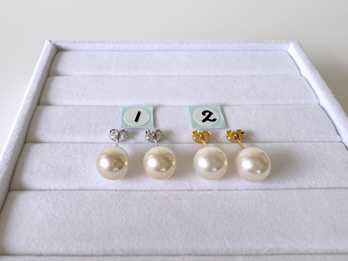 Japanese Akoya Pearl Stud Earrings - Cultured White Pearls, 8.5mm Size, Silver 925, Elegant Everyday Wear