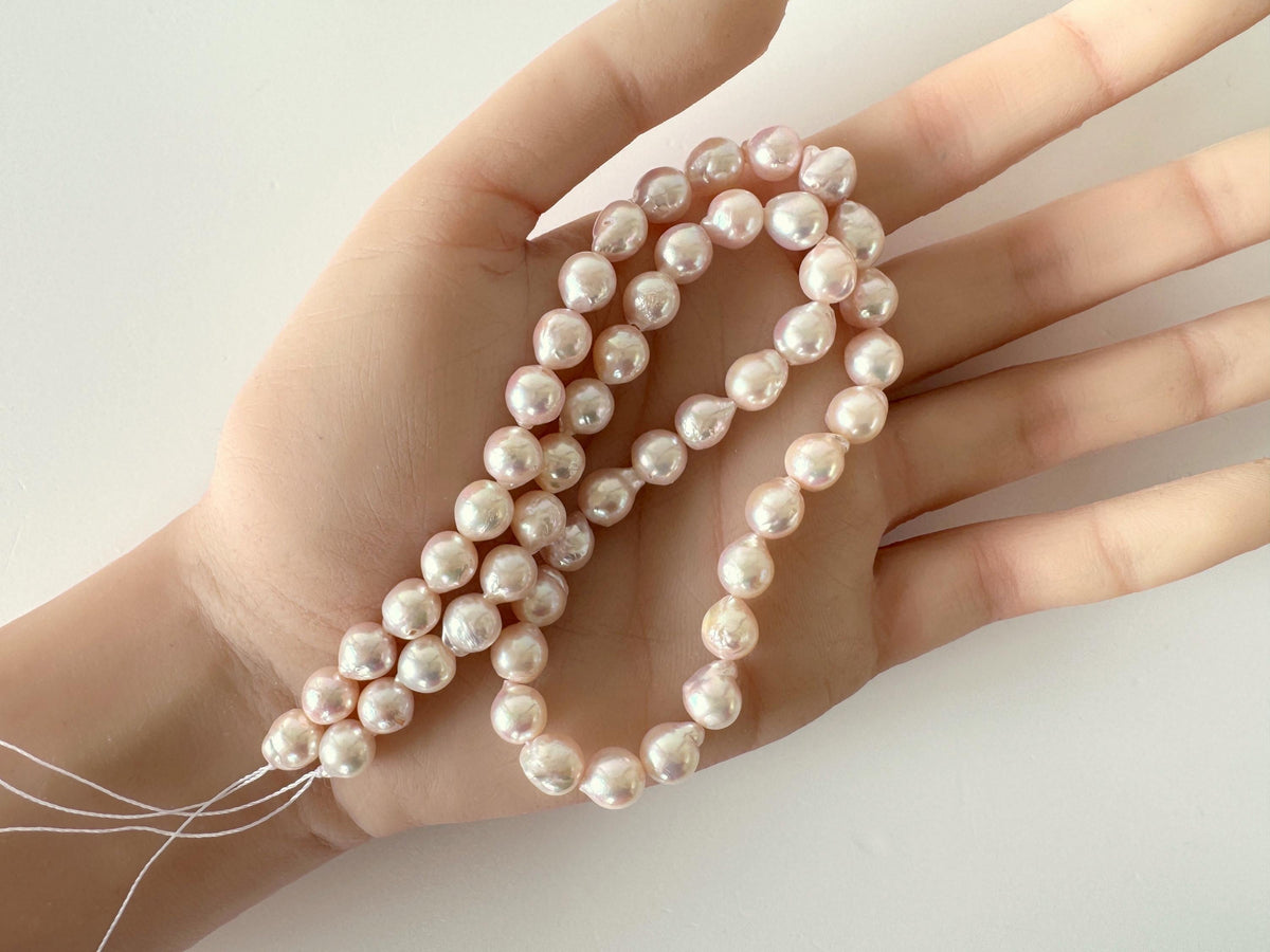 Japanese Akoya Pearl Strand 7-7.5mm Baroque Beads, White Pink Overtone (40cm + 5pcs, Saltwater Cultured, Some natural defects)