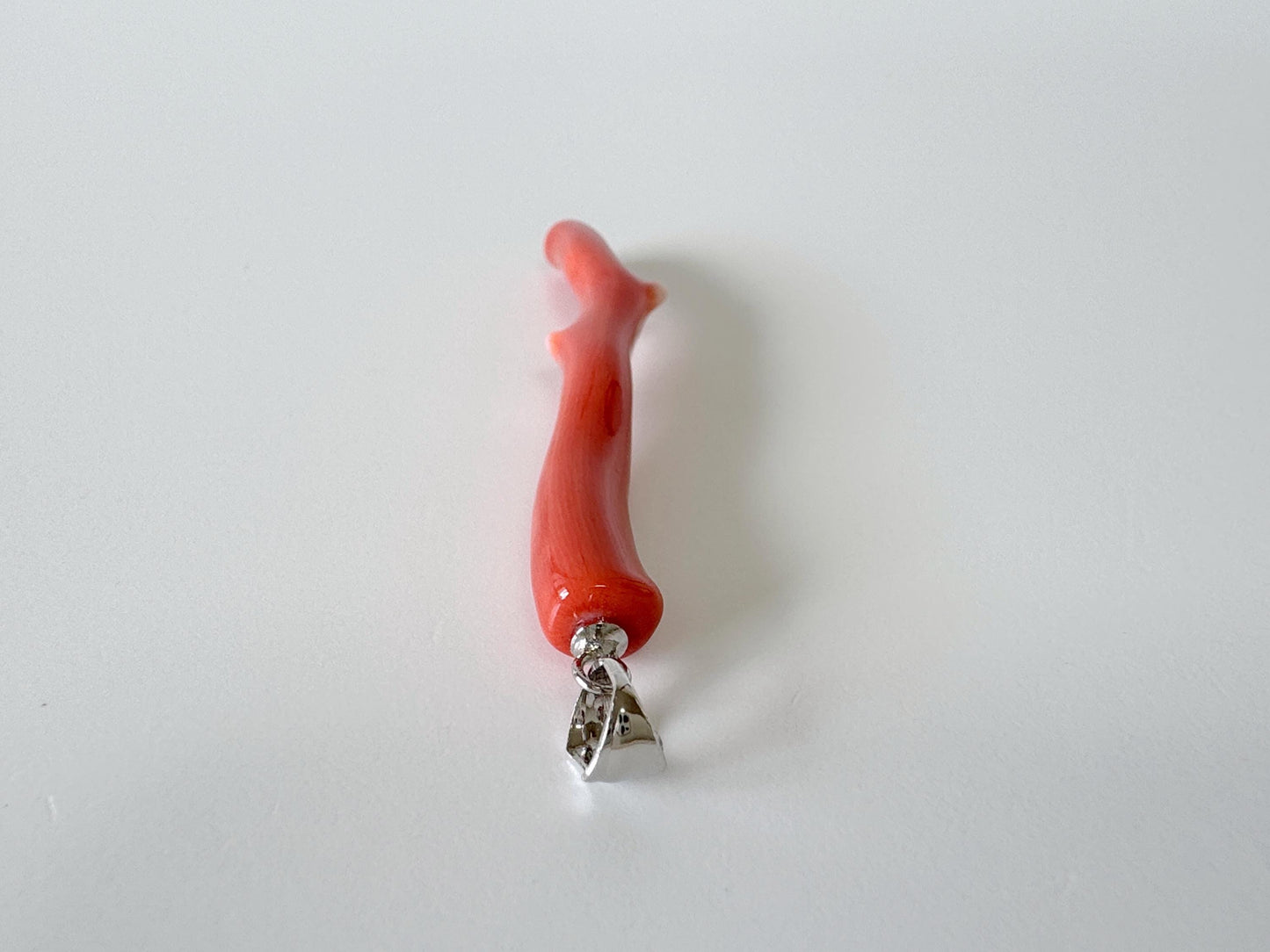 Natural  Momo coral branch pendant, 49mm, Natural Japanese Orange color coral branch pendant, Silver (Rhodium-Plated) bail
