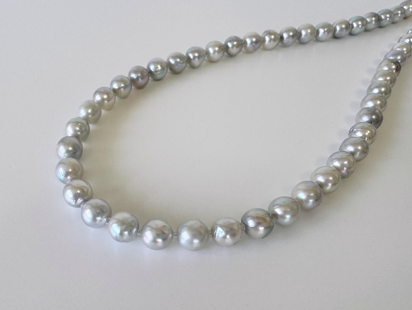 Japanese Akoya Pearl : Natural Blue Silver Color - Cultured Saltwater Pearls, 7-7.5mm Beads, Silver Clasp Necklace, 45cm