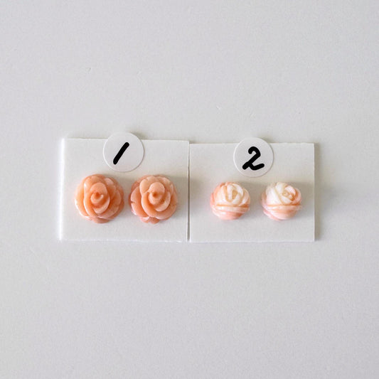 Deep Sea Coral, Small Rose Carvings | Pink Orange Natural Color | Half Drilled Flat Back Loose Pair For Hand Craft