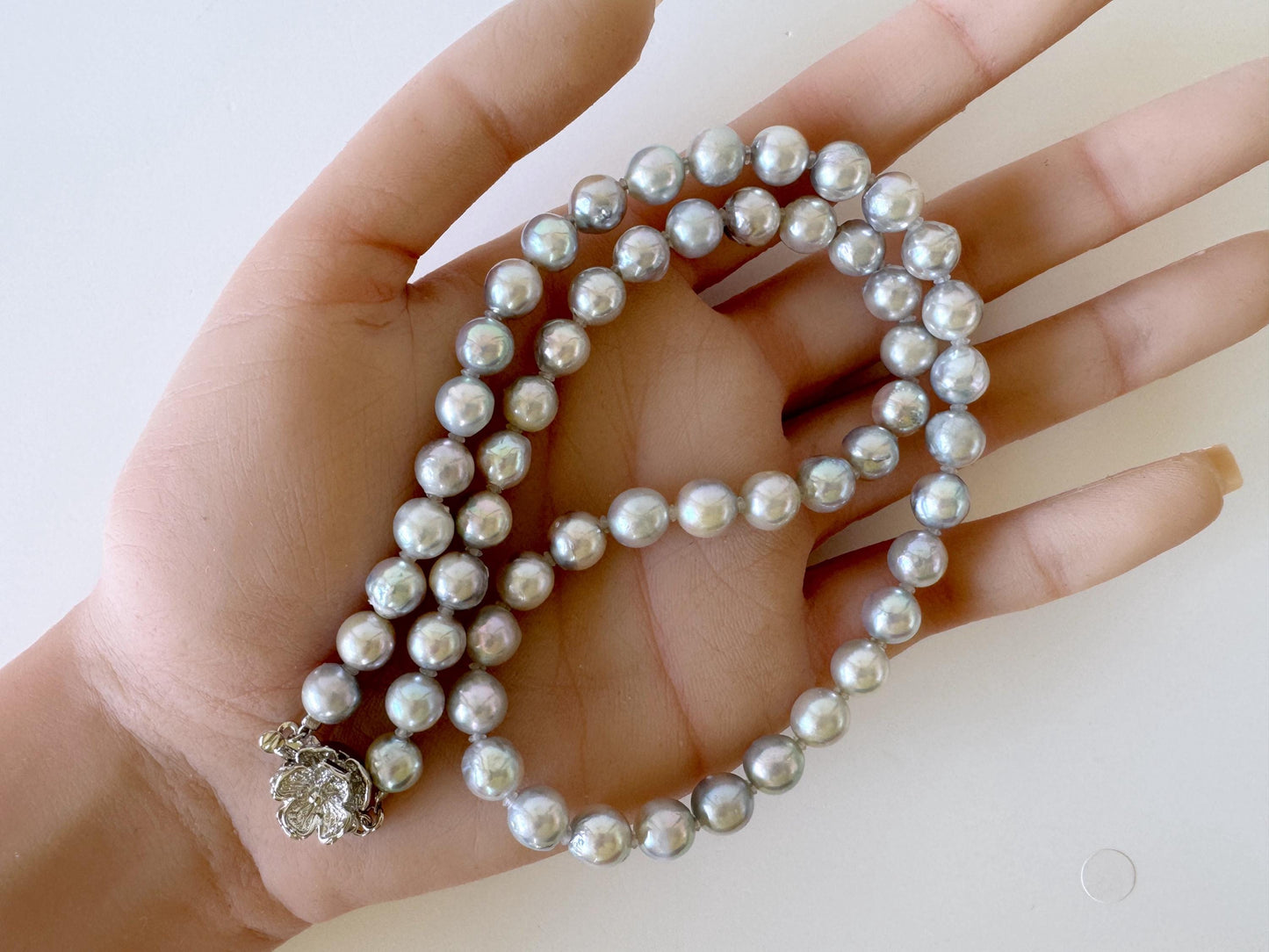 Japanese Akoya Pearl : Natural Blue Silver Color - Cultured Saltwater Pearls, 7-7.5mm Beads, Silver Clasp Necklace, 45cm