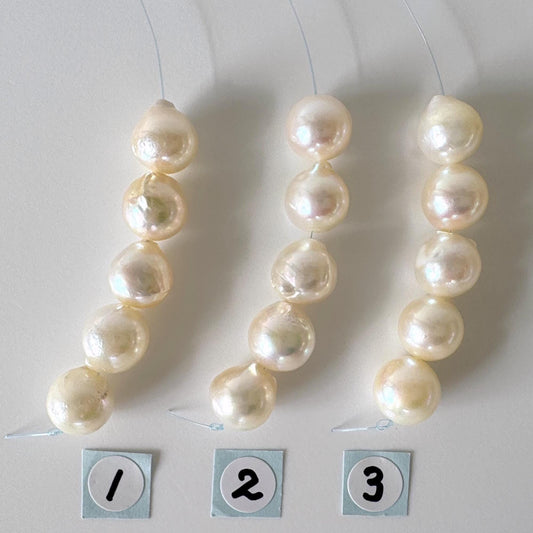 Japanese Cream White Akoya Pearl Beads, 9-9.5mm (Imperfect), Mini Strand, Short Strand, 5 Pieces, Genuine Akoya Pearl, Cultured in Sea Water