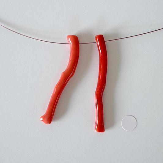 Natural Japanese Momo Coral branches, Set of 2pcs, Natural Orange Color, Side Full-Hole, Genuine Precious Coral, for Jewelry Making