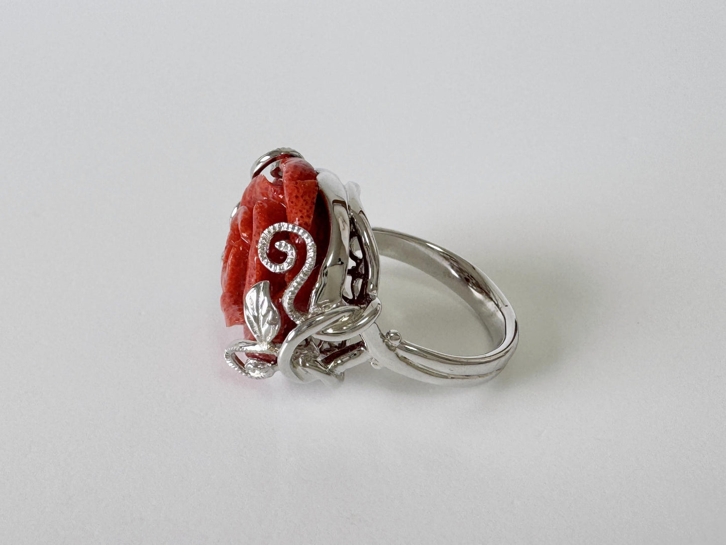 Sponge Coral Rose Ring: Natural Patterned Red Coral Flower Jewelry, Sterling Silver (Size Jp 13, US 6.5-7, UK M-N, IT 53)