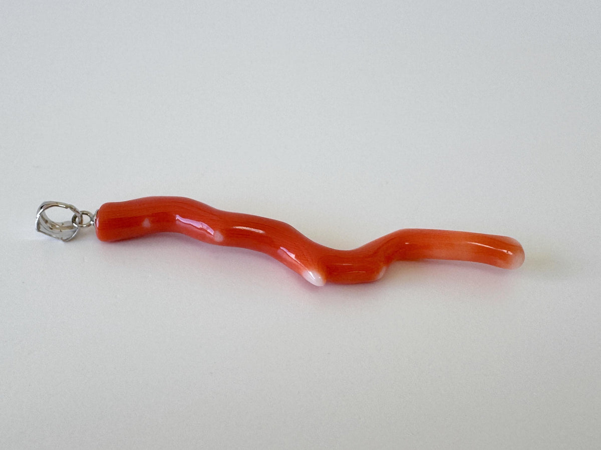 Momo Coral Branch Pendant Natural Jewelry, Japanese Orange Coral (55mm Length, Rhodium-Plated Silver Bail)