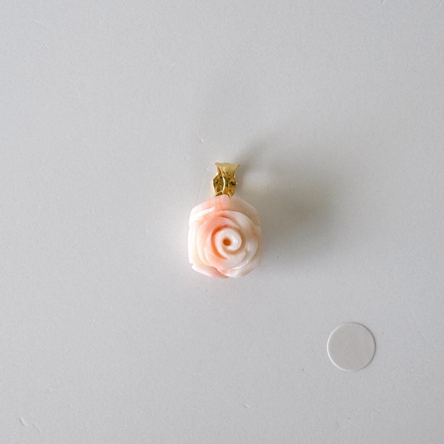Deep Sea Coral Rose carved Pendant, 13.5x11.4mm, Natural Pink/White Color Coral, Silver (gold plated) bail, Genuine Coral Pendant