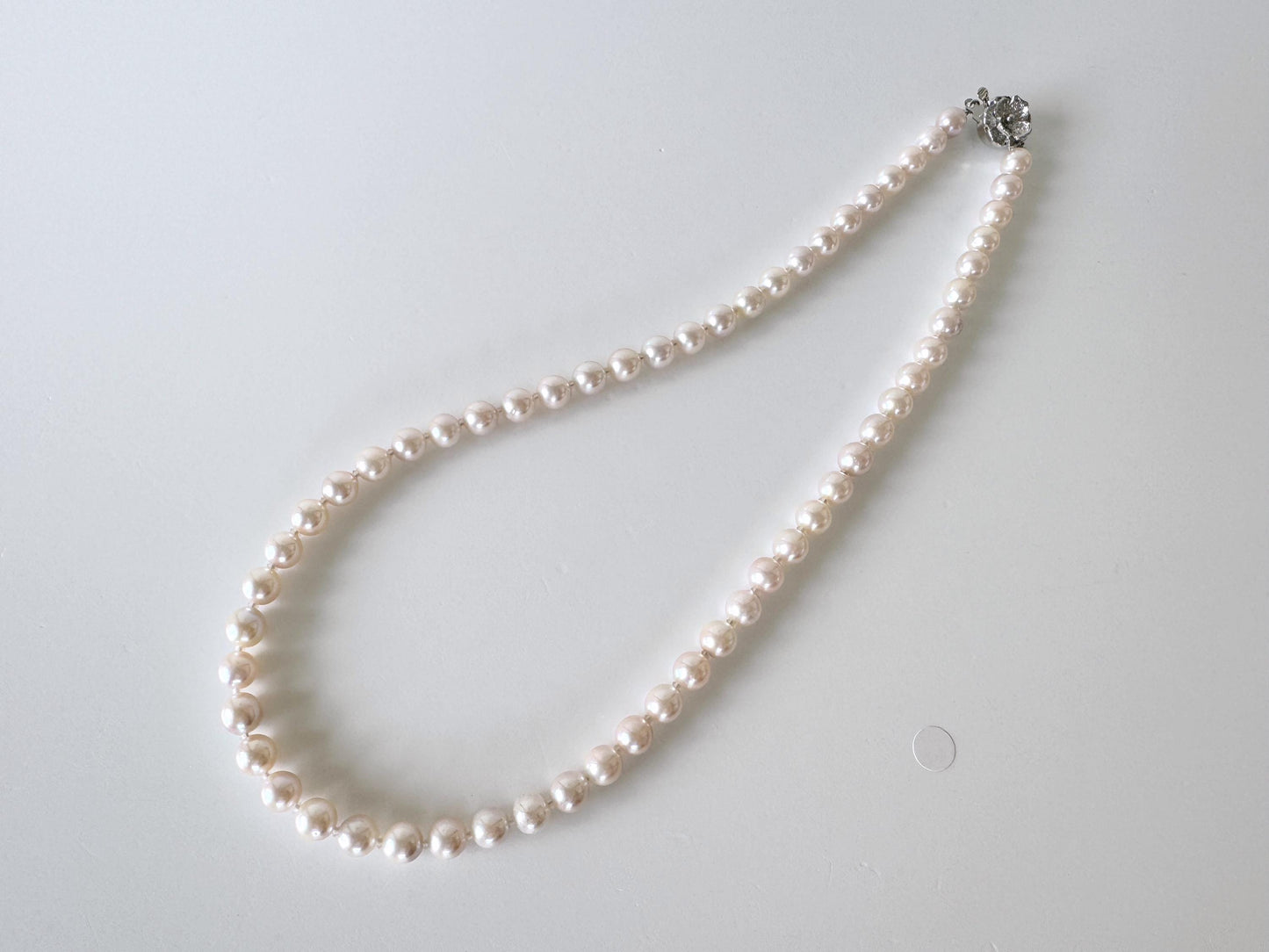 Japanese Akoya Pearl Necklace: Cream White 6.5-7mm Cultured Strand, Silver Clasp | Saltwater Gems, 45cm Length