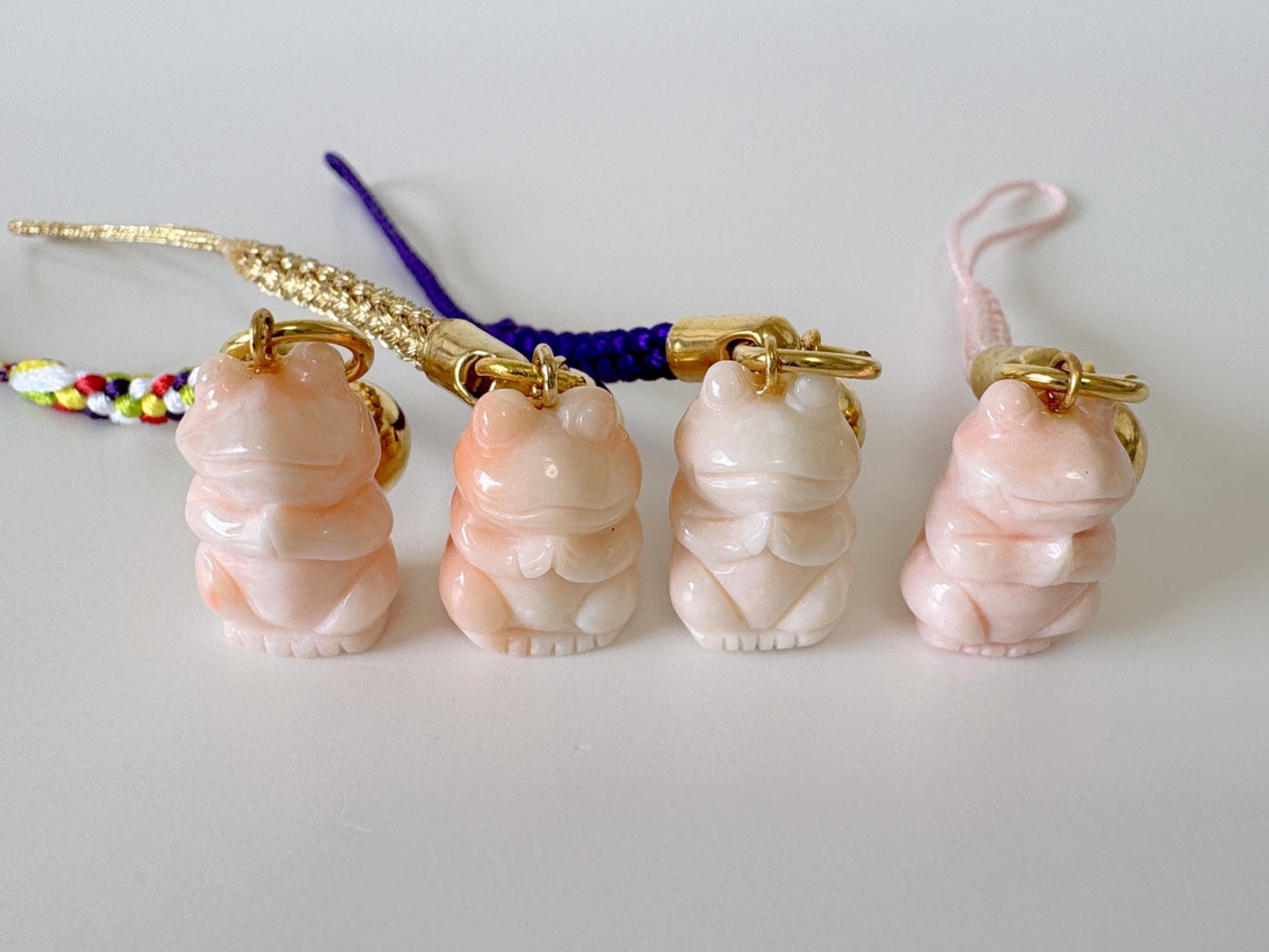 Lucky charm, Natural Deep sea coral Praying Frog key strap, Netsuke strap, Natural color precious coral