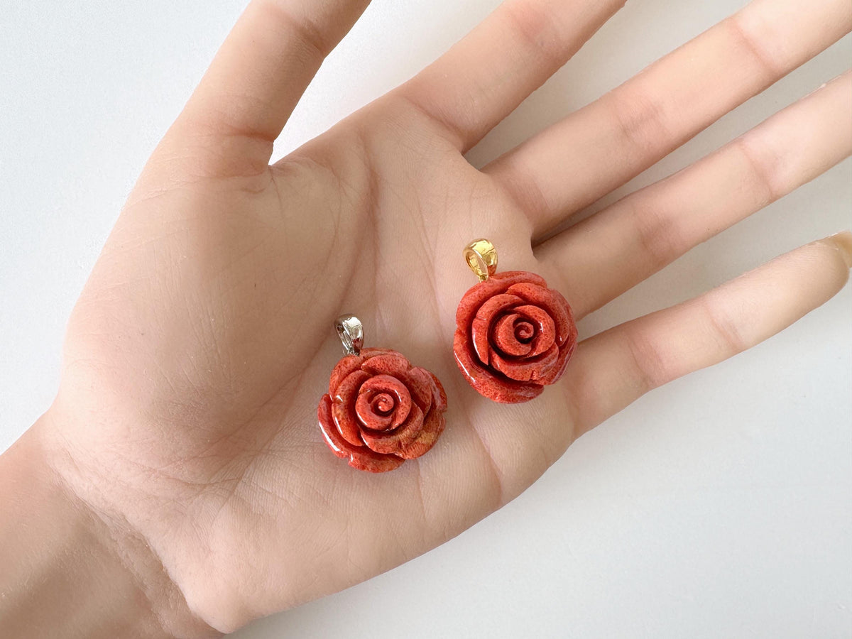 Sponge Coral Rose Pendant, Light Red, 20mm (Brass Bail)