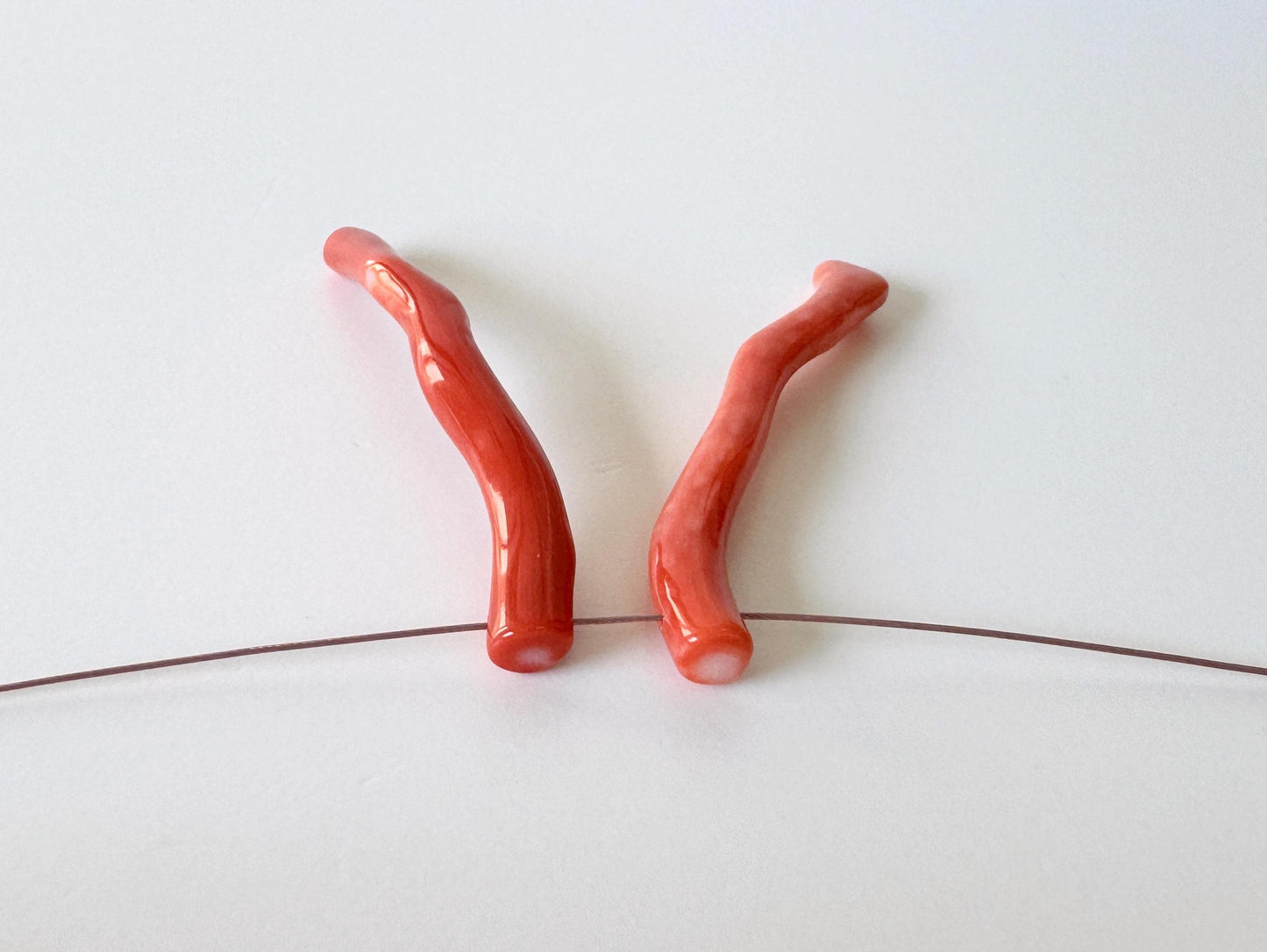 Momo Coral Branches Natural Japanese, Set of 2 Orange Vermilion (44-45mm, Side Full-Hole, Genuine Coral)