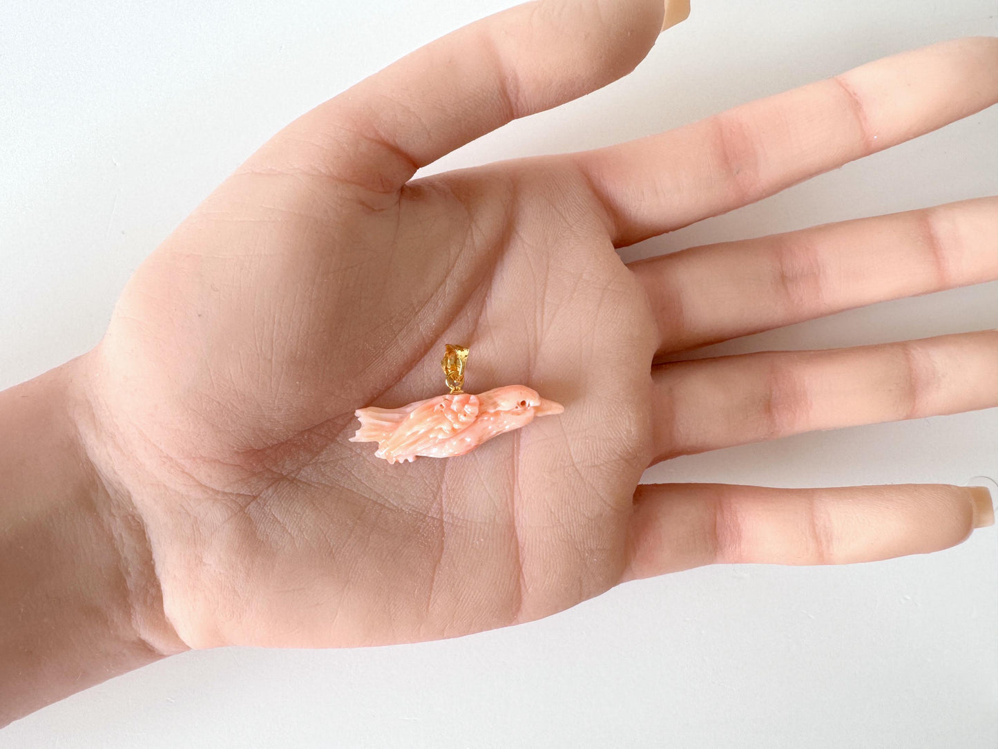 Carved Coral Bird Pendant Natural Jewelry, Pink Deep Sea Coral (35x10.4mm, Gold-plated Silver Bail, Hand Carved)