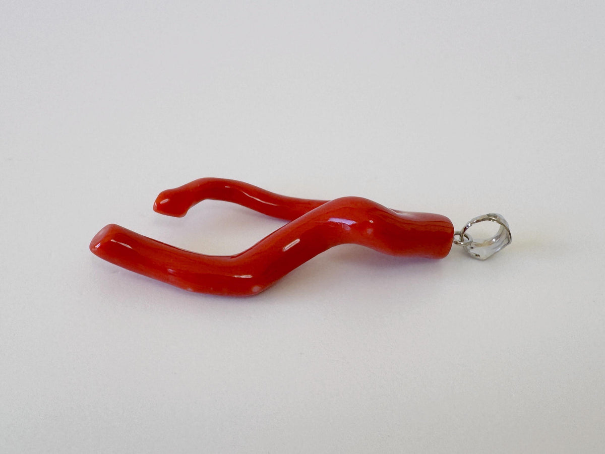 Momo Coral Branch Pendant: Japanese Coral Jewelry, Vermilion Orange (44mm, Rhodium-Plated Silver Bail)