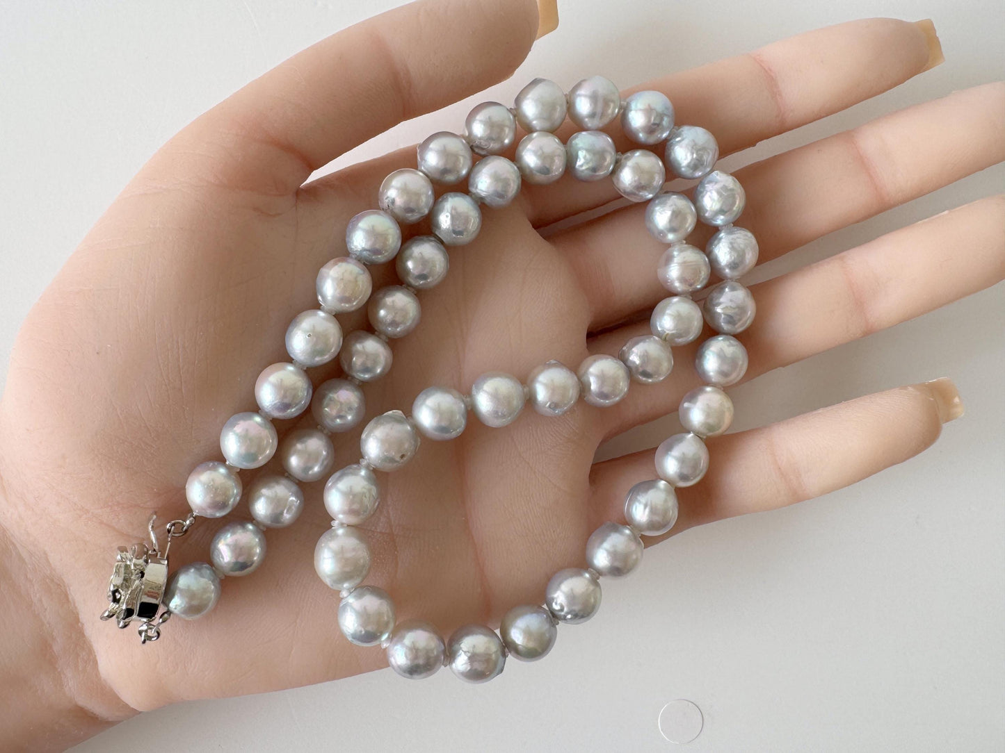 Japanese Akoya Pearl : Natural Blue Silver Color - Cultured Saltwater Pearls, 7.6-8.5mm Beads, Silver Clasp Necklace, 45cm