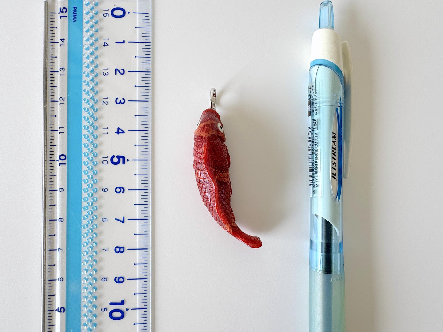 Natural Sponge Coral Carp Carving Pendant, 45mm, Apple Coral Fish Carving, Silver Bail (Rhodium plated)
