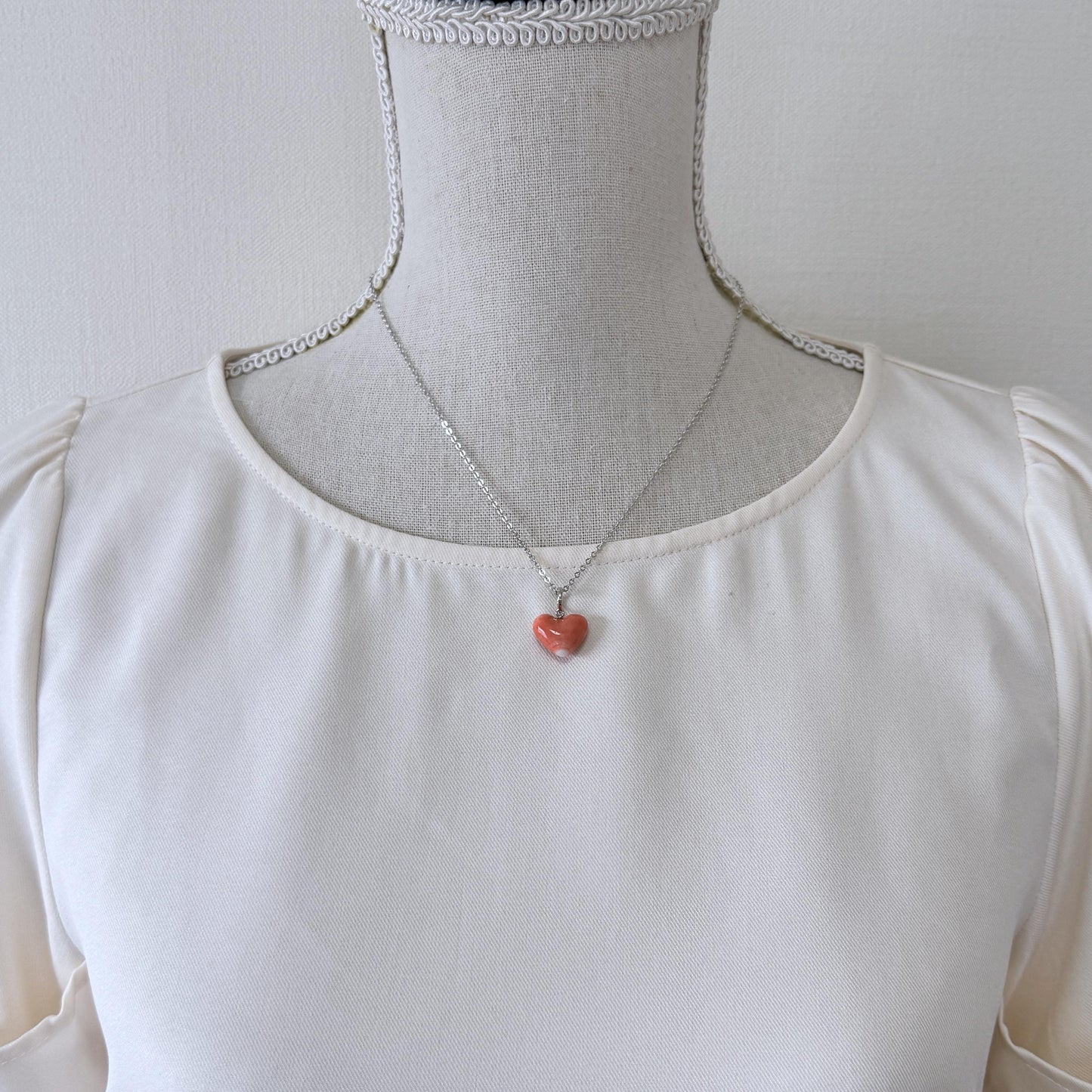 Orange Momo Coral Pendant - Natural Heart Shaped Coral Jewelry - Silver Bail (Rhodium-Plated), Genuine Material, 13.7x15.3mm
