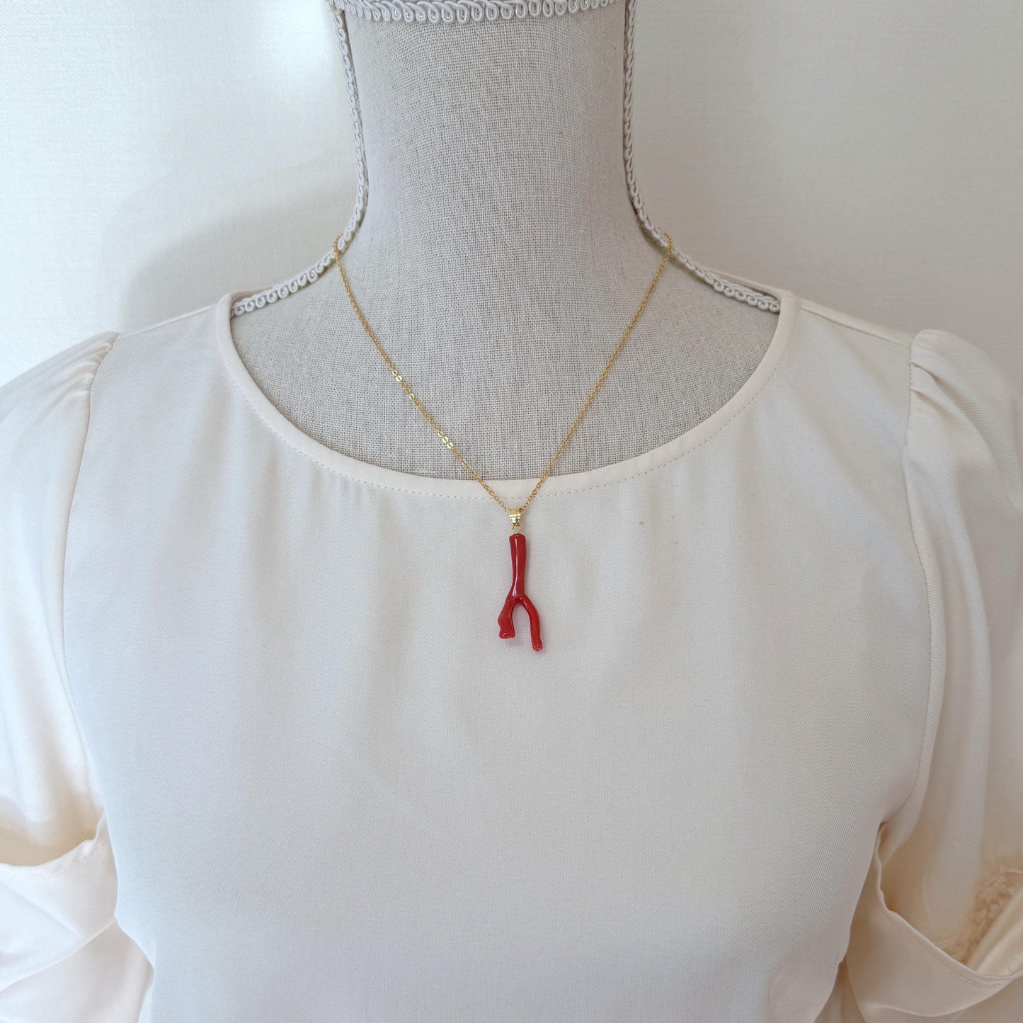 Natural Red Coral Branch Pendant: Japanese Aka Coral, Gold Plated Silver Bail, 40mm