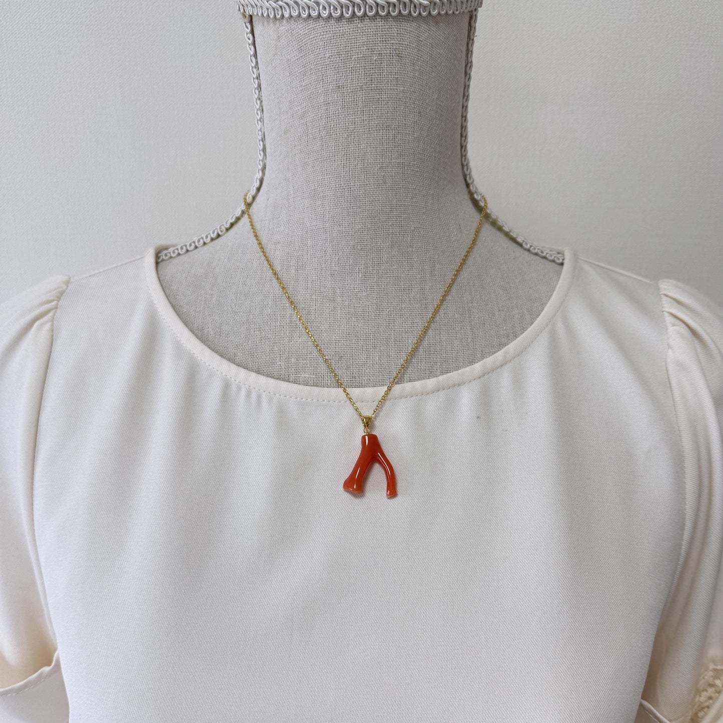 Natural Red (Aka) Coral Branch Pendant, Vermilion Natural Color Japanese Coral, Length 25mm, Silver bail (gold plated)