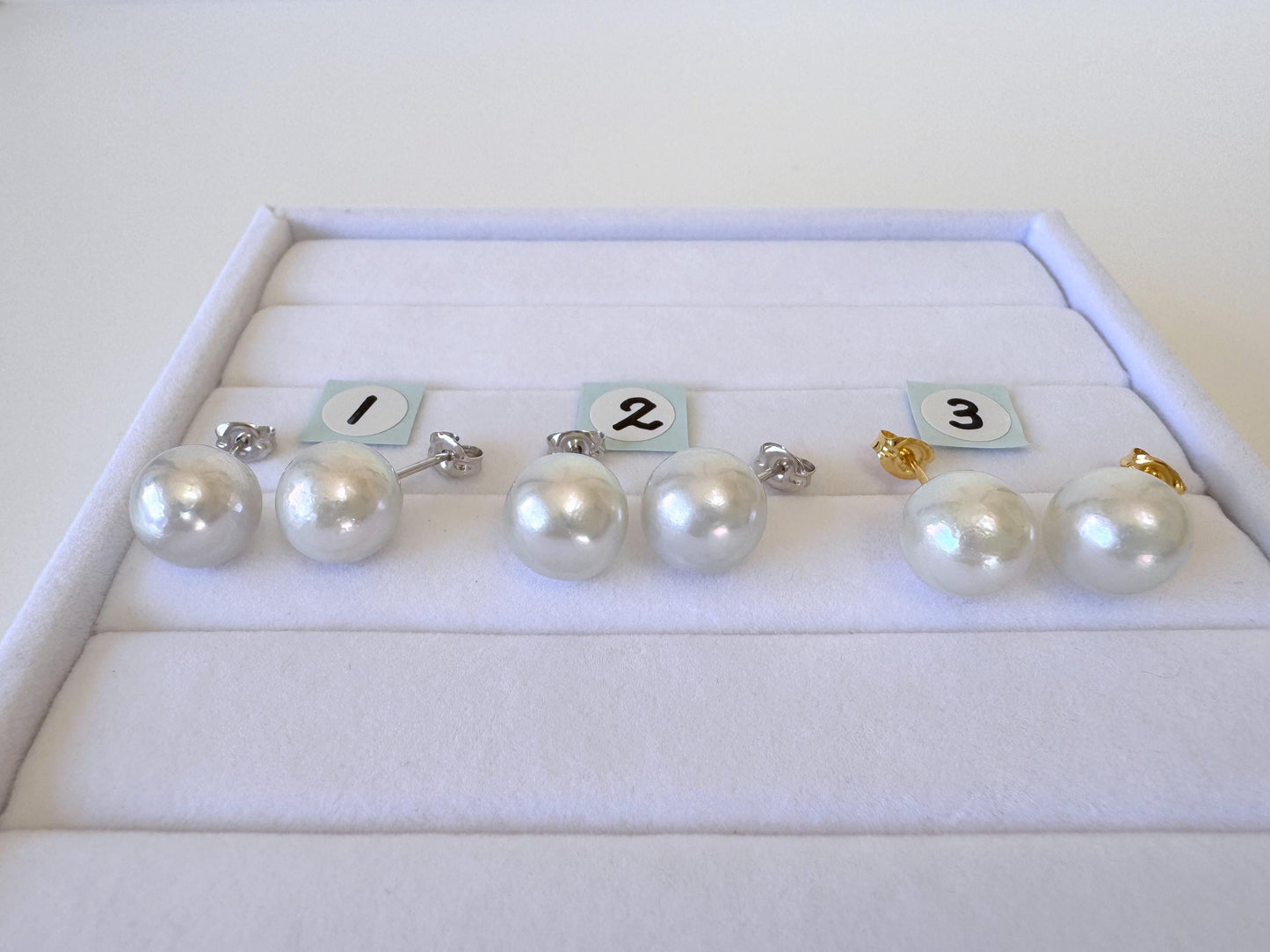 Akoya Pearl Stud Earrings: Japanese Natural Light Blue Pearls, Silver 925 (9.5mm Semi-Round, Saltwater Cultured)