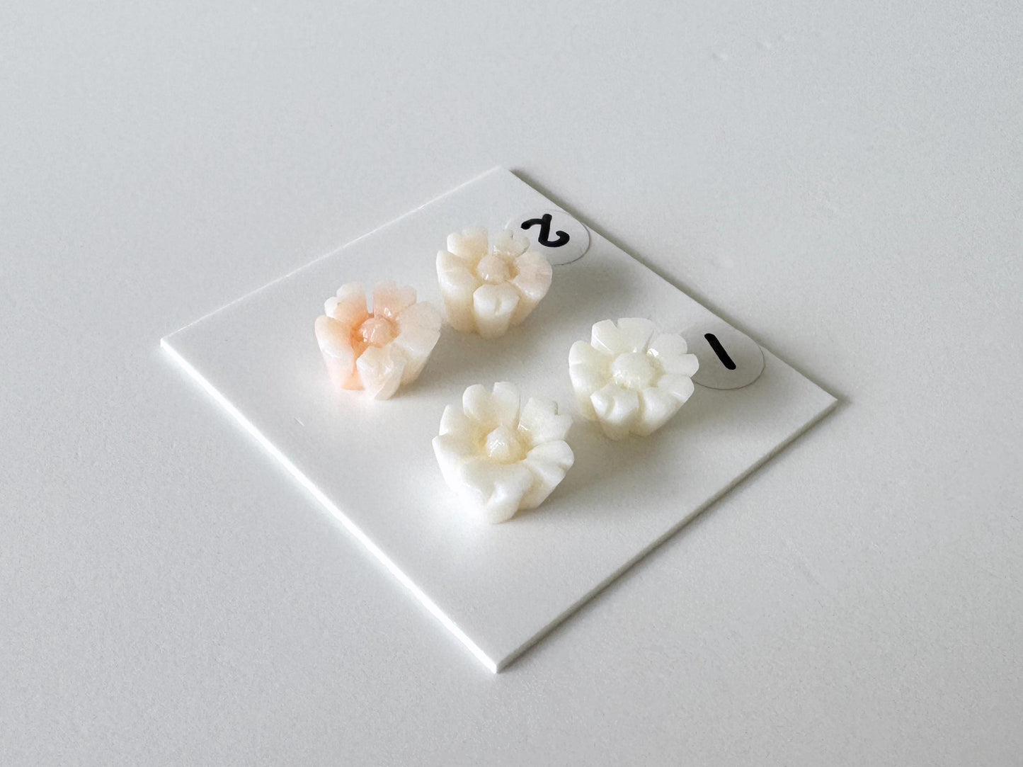 Coral Cherry Blossom Carvings: Natural Deep Sea Coral Sakura Loose Pair, White Pink Tones | 10mm, Half Drilled, Jewelry Making Supplies