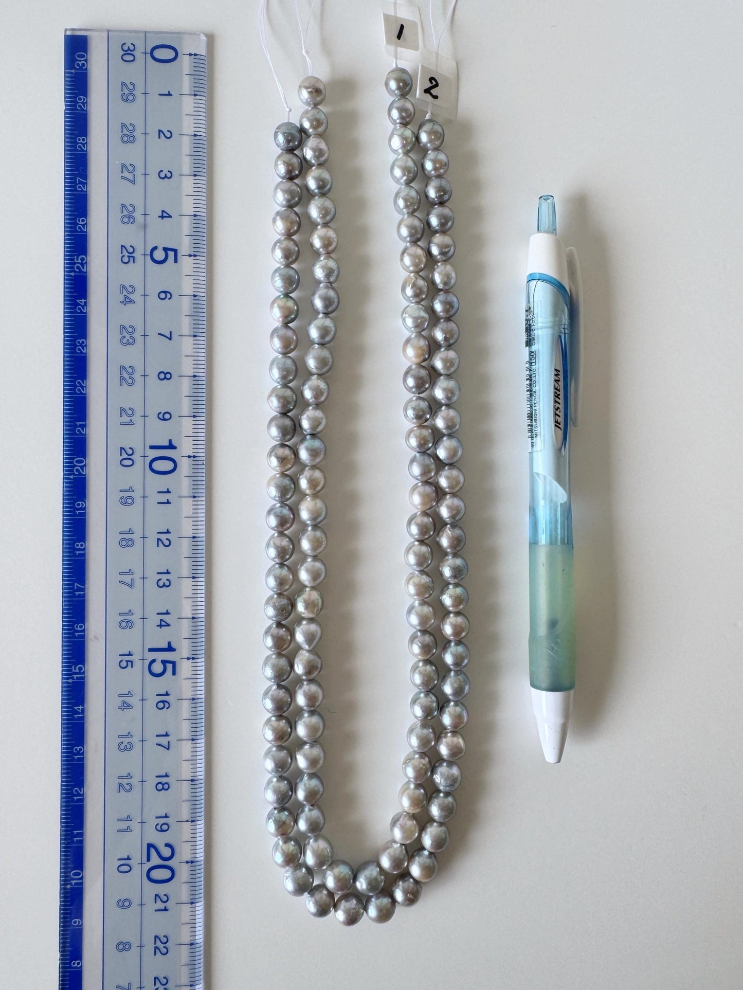 Japanese Akoya Pearl Strand - Cultured Semi-Round Beads - Natural Blue Silver Color, 7-7.5mm Size, Full 40cm Length + Additional 4 pcs