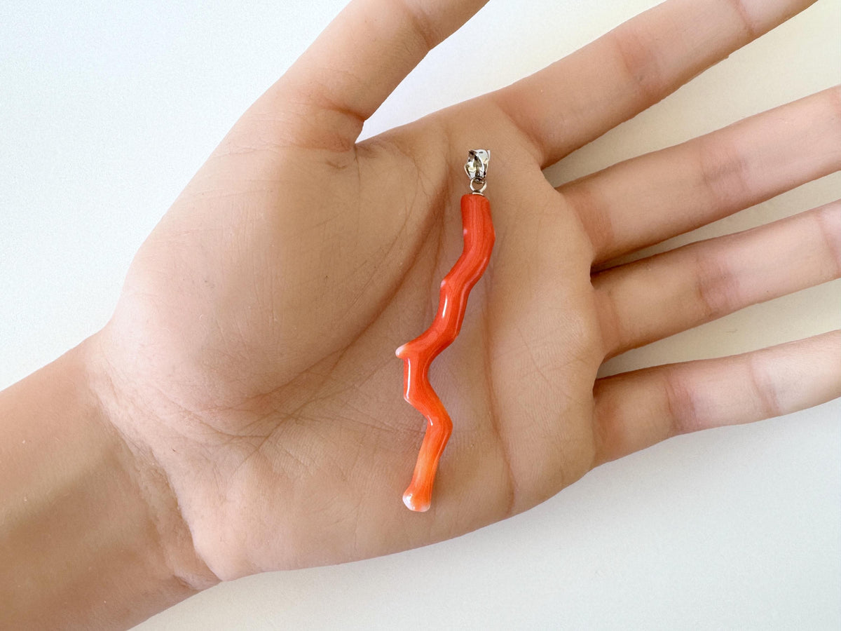 Momo Coral Branch Pendant Natural Jewelry, Japanese Orange Coral (55mm Length, Rhodium-Plated Silver Bail)