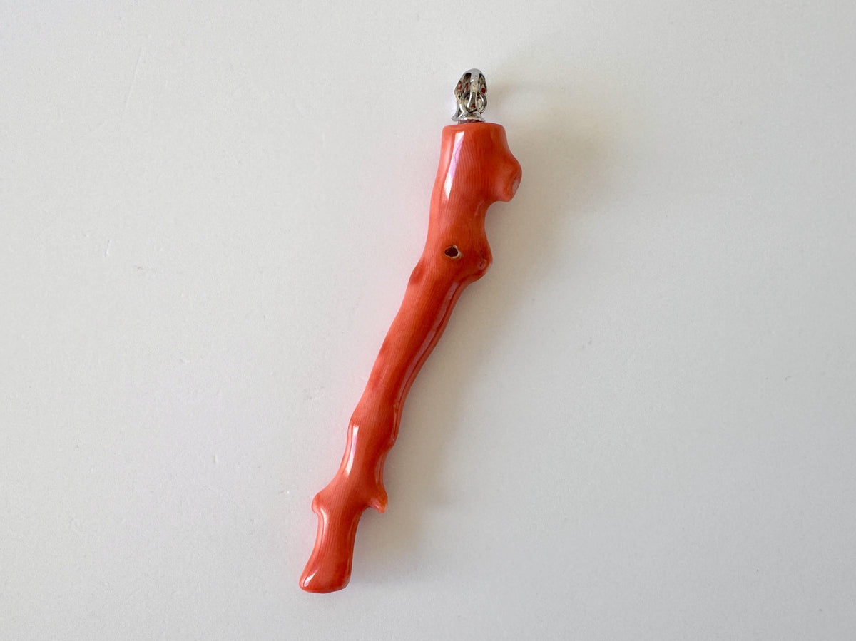 Momo Coral Branch Pendant: Natural Vermilion Orange Coral Jewelry (55mm Length, Rhodium-Plated Silver Bail, Japanese Coral)