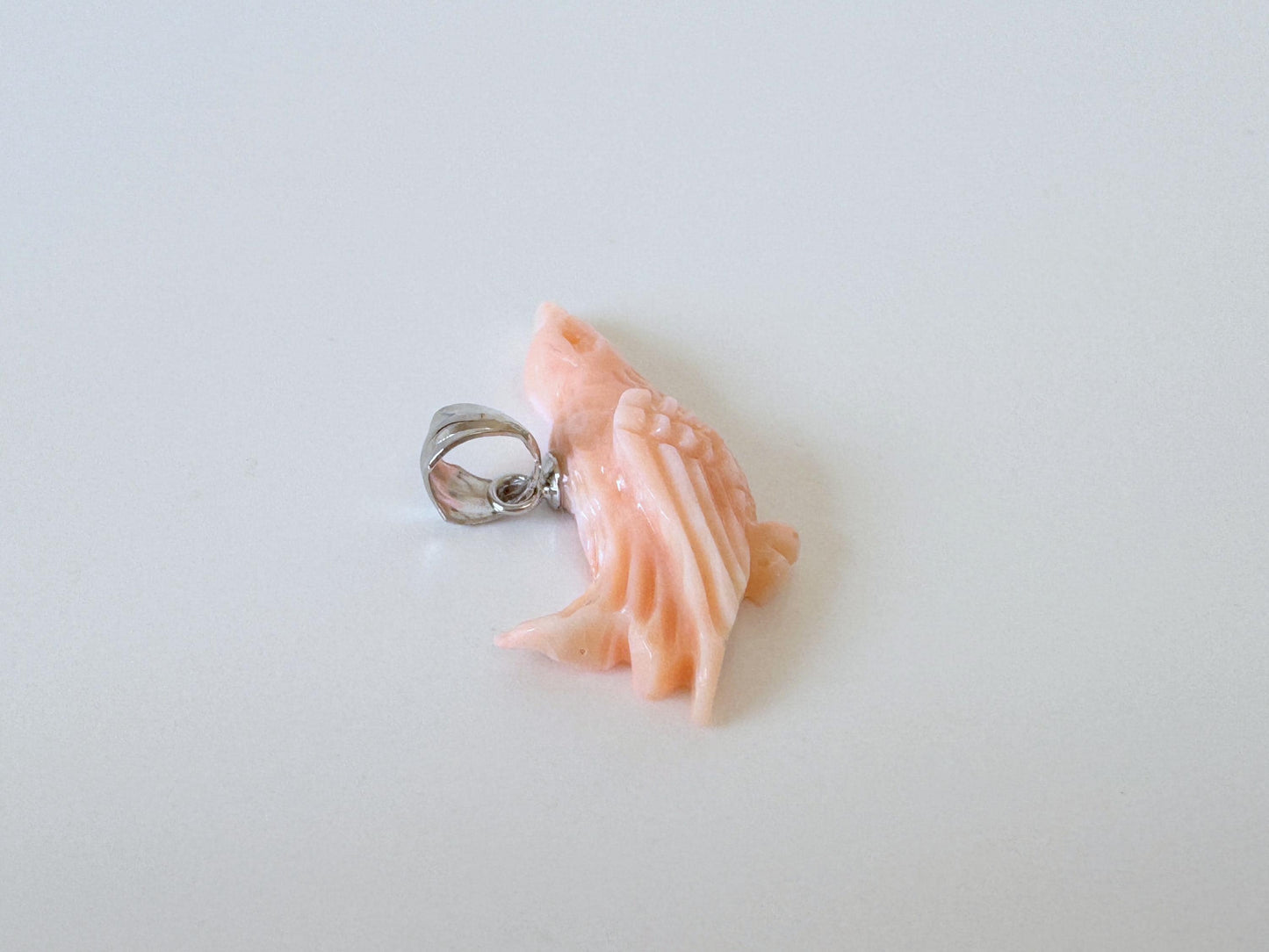 Carved Coral Bird Pendant Natural Jewelry, Pink Deep Sea Coral (34x9.2mm, Rhodium Silver Bail, Hand Carved)