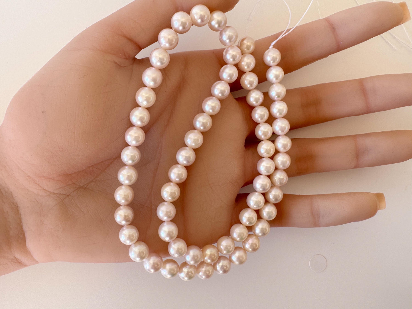Japanese Akoya Pearl Strand: 6.5-7mm White Pink Cultured Saltwater Pearls, Full Strand | Genuine Beads, Craft Supplies | 40cm Length