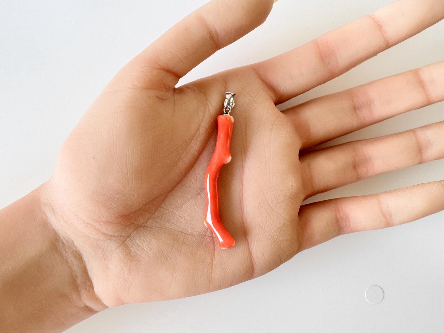 Momo Coral Branch Pendant Natural Jewelry, Japanese Orange Coral (46mm Length, Rhodium-Plated Silver Bail)