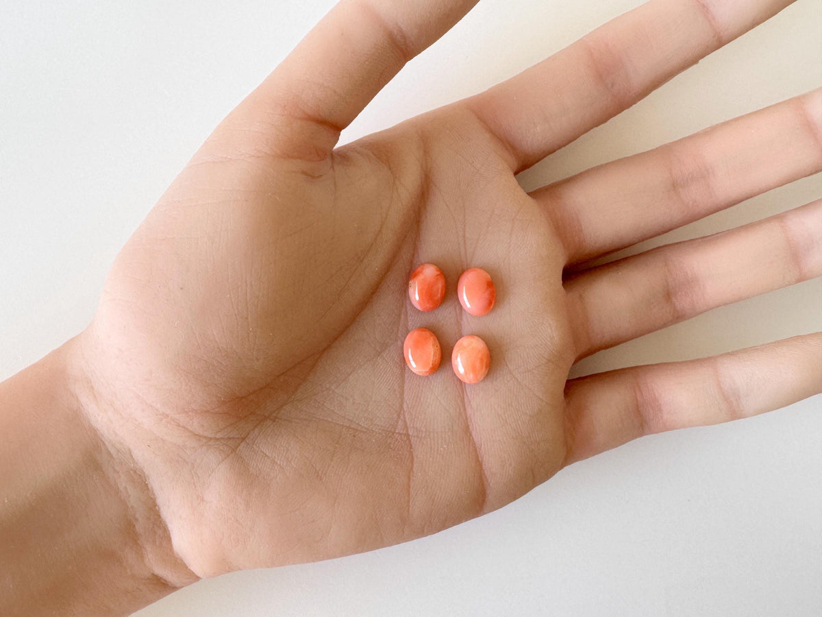 Deep Sea Coral Cabochons: Natural Orange/Pink Oval Gemstones, 9x7mm (4 pcs), Value Priced for Reason of Natural Defects