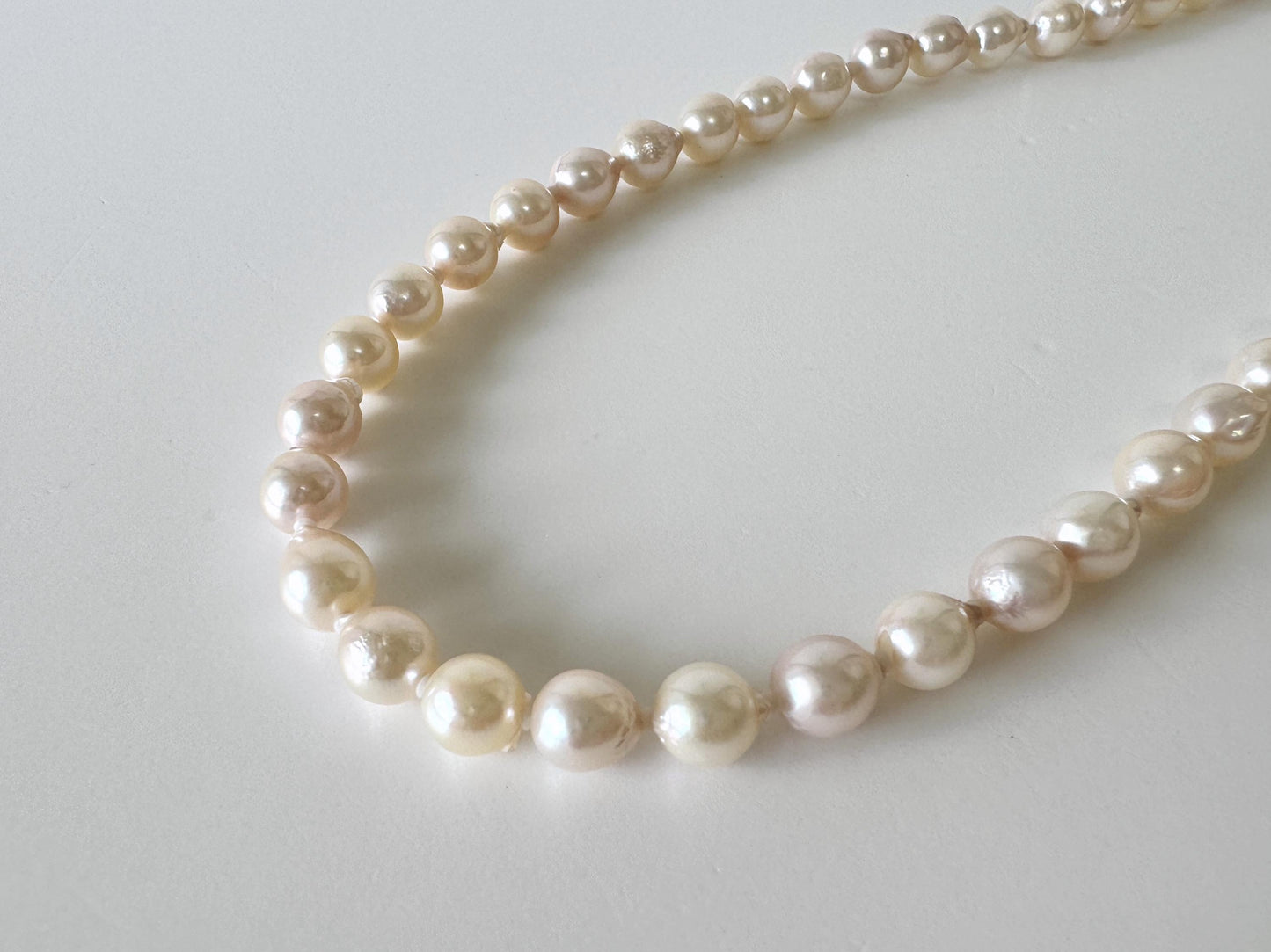 Japanese Akoya Pearl - Baroque Necklace - White Pink Overtone, 7-7.5mm Cultured Pearls, Silver Clasp, 45cm