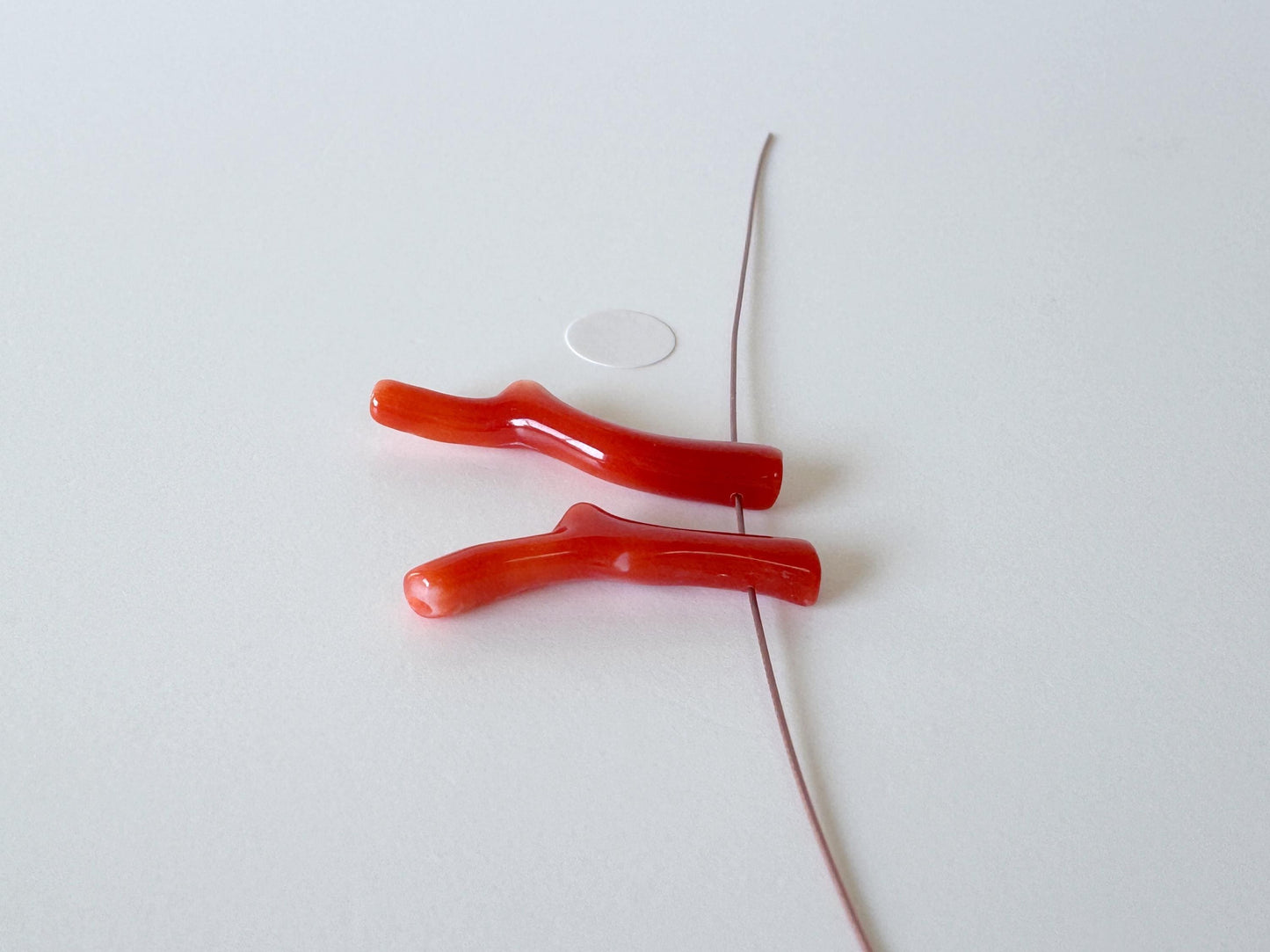Japanese red(Aka) coral branch set for 2pcs, 22-25mm, side full hole, natural red color coral for jewelry making