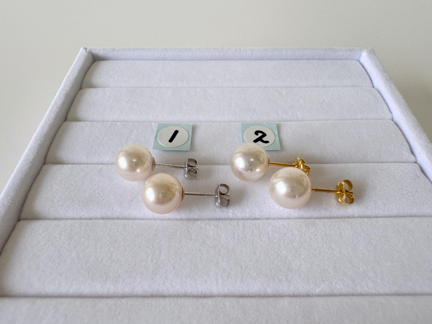 Japanese White Akoya Pearl Stud Earrings, 8.5mm, Silver 925 Post/Ear Nuts, Genuine Akoya Pearl, Salt water cultured pearl