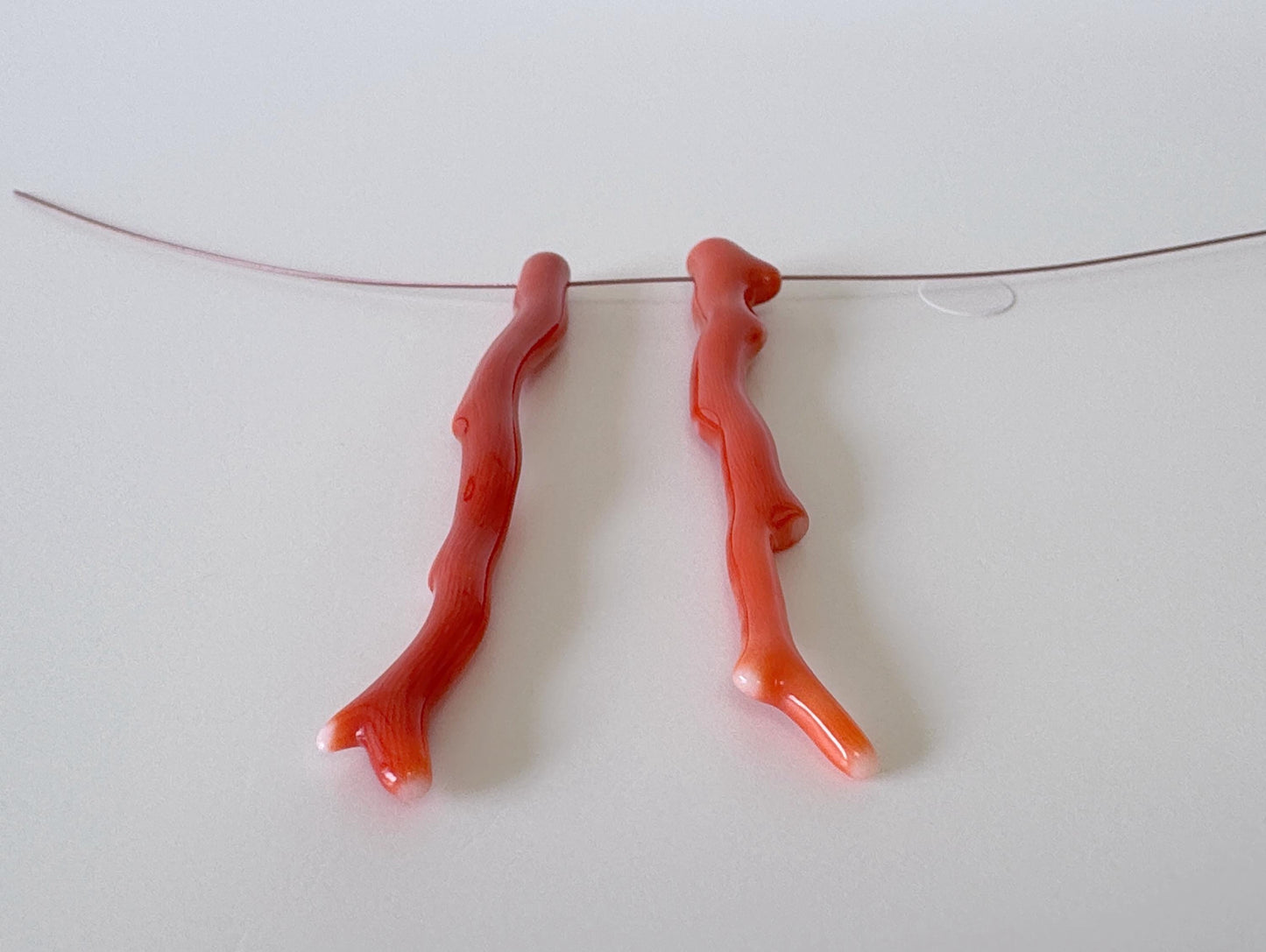 Natural Japanese Momo Coral branches, Set of 2pcs, Natural Dark Orange Color, Side Full-Hole, Genuine Precious Coral, for Jewelry Making