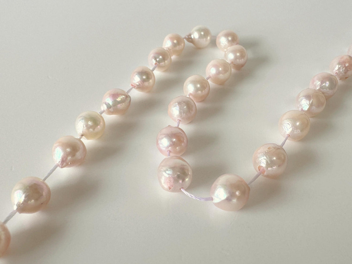 Japanese Akoya Pearl Strand 7-7.5mm Baroque Beads, White Pink Overtone (40cm + 5pcs, Saltwater Cultured, Some natural defects)
