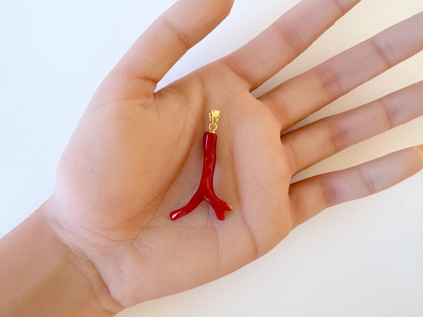 Natural Red Coral Branch Pendant: Oxblood Japanese Aka Coral, Gold Plated Silver Bail, 37mm
