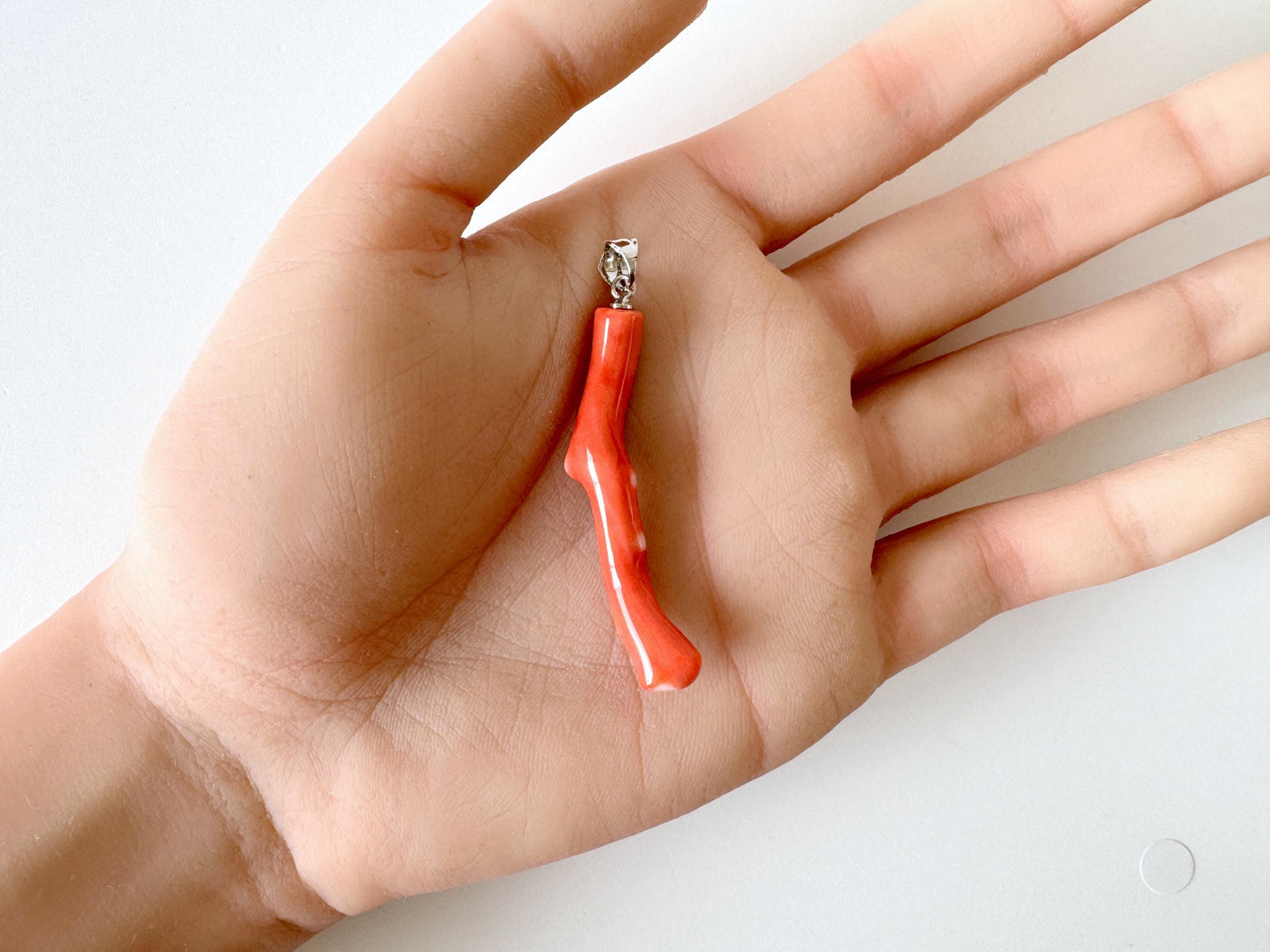 Momo Coral Branch Pendant Natural Jewelry, Japanese Orange Coral (45mm Length, Rhodium Silver Bail, Unique Gift)