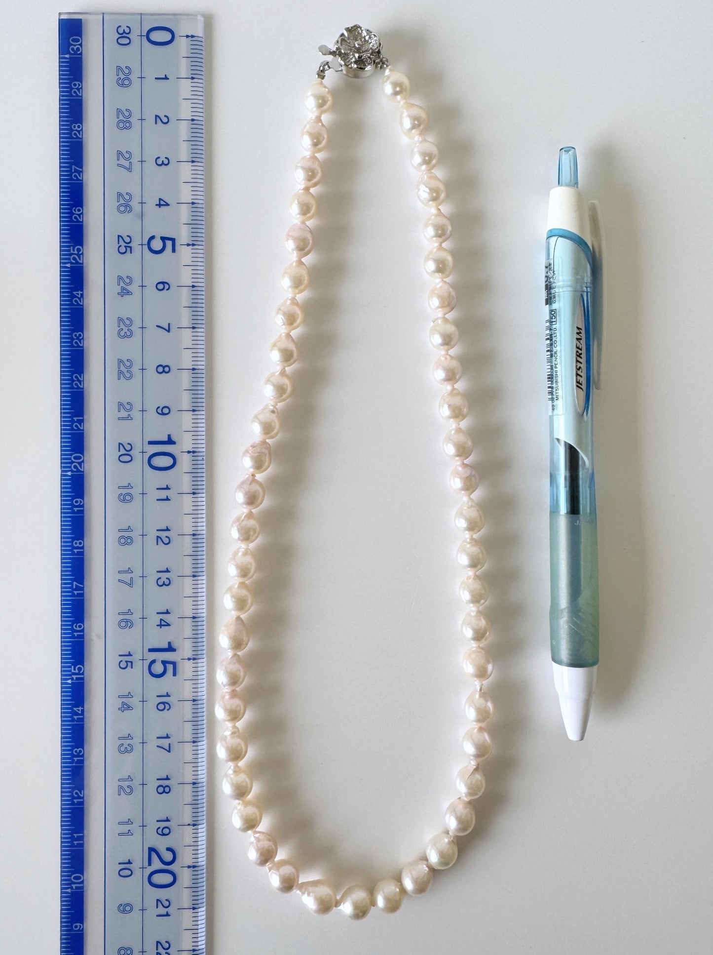 Japanese Akoya Pearl - Baroque Necklace - White Pink Overtone, 7-7.5mm Cultured Pearls, Silver Clasp, 45cm