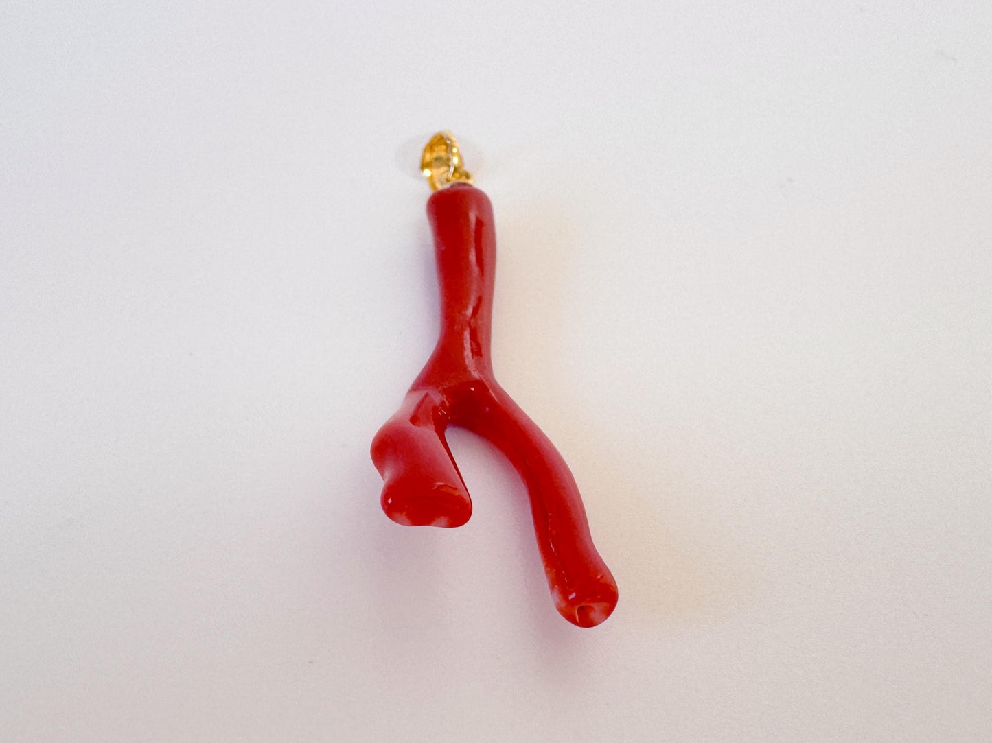 Natural Red Coral Branch Pendant: Japanese Aka Coral, Gold Plated Silver Bail, 40mm