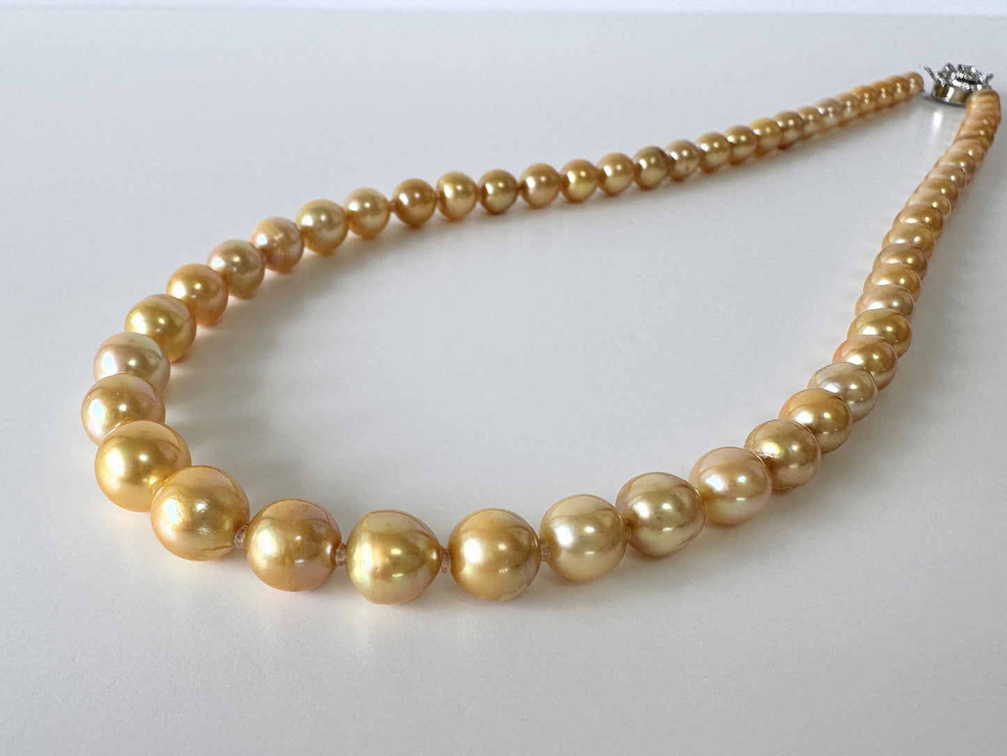 Japanese Akoya Cultured Pearl Necklace: 6-9.2mm Color Treated Gold  Semi-Baroque/Semi-Round, Silver Clasp | Saltwater Pearls, 45cm Strand