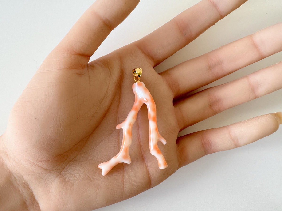 Coral Branch Pendant: Natural Pink / Orange / White Deep Sea Coral, Gold-Plated Silver Bail | 47mm, Unique Jewelry