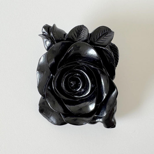 Jet Rose Carving Pendant/Brooch, 42x35mm, Silver, Unused vintage