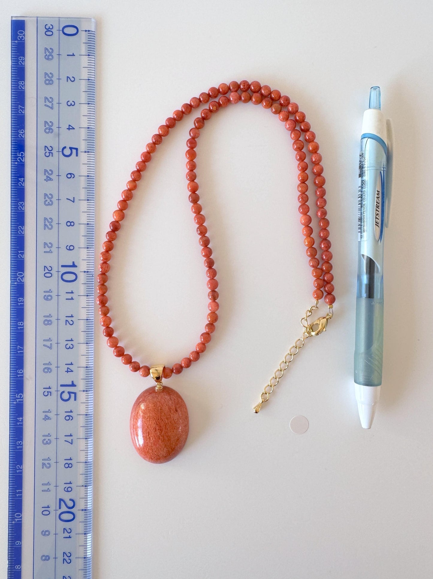 Sponge Coral Necklace with Oval Pendant, Bright Red, Brass Hook & Adjuster, Bail