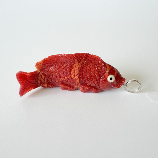 Natural Sponge Coral Carp Carving Pendant, 45mm, Apple Coral Fish Carving, Silver Bail (Rhodium plated)