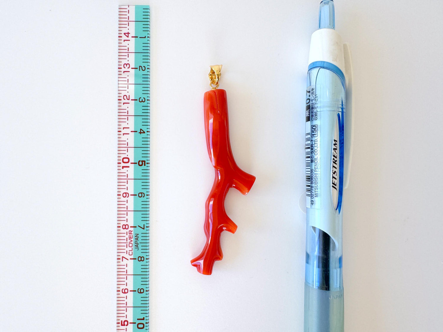 Natural Red Coral Branch Pendant: Japanese Aka Coral, Gold Plated Silver Bail, 55mm