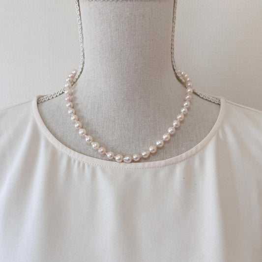 Japanese Akoya Pearl - Baroque Necklace - White Pink Overtone, 7-7.5mm Cultured Pearls, Silver Clasp, 45cm