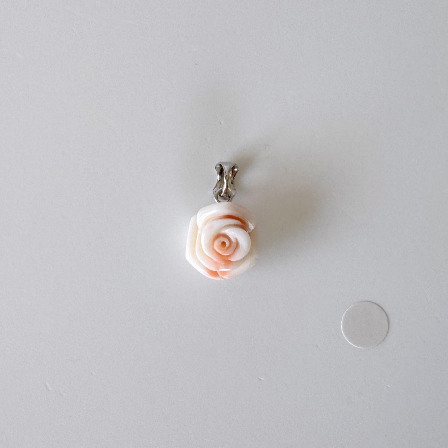 Deep Sea Coral Rose carved Pendant, 13.8x11.6mm, Natural Pink/White Color Coral, Silver (rhodium plated) bail, Genuine Coral Pendant
