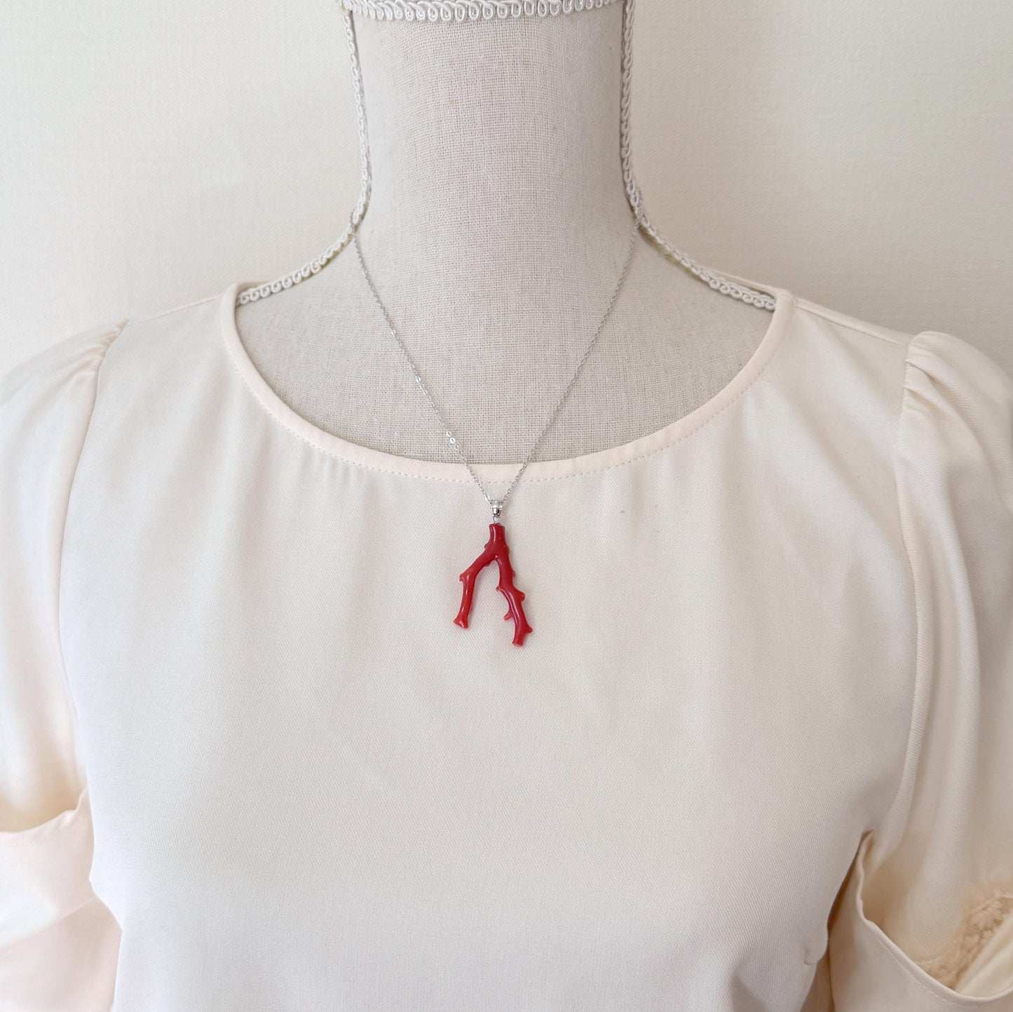 Natural Red Coral Branch Pendant: Oxblood Japanese Aka Coral, Rhodium Plated Silver Bail, 41mm